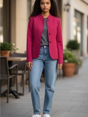 Tahari Magenta Collarless Button Blazer